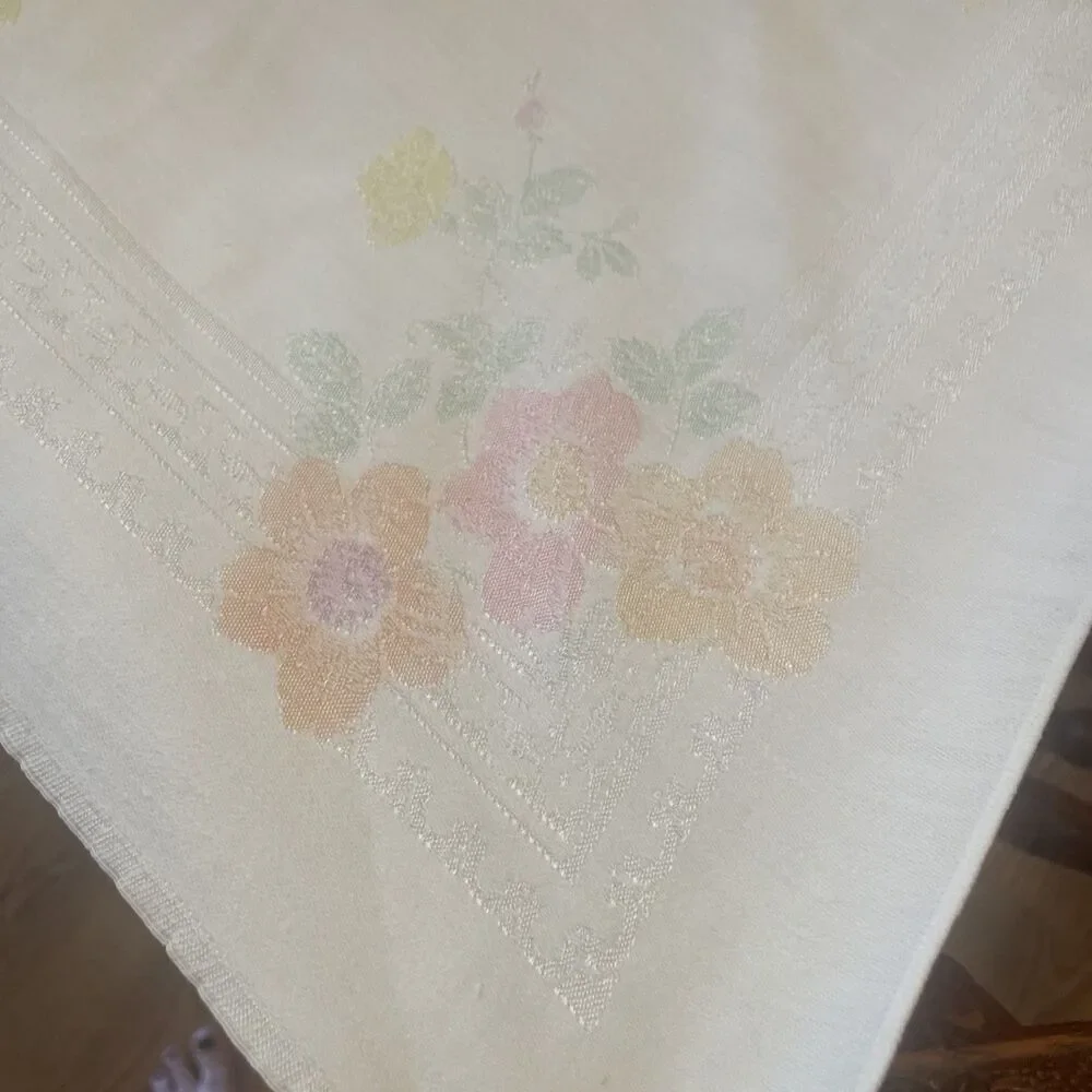 Vintage White Damask w/ Pink Blue Peach Green Floral Tablecloth 51”x47” Cottage